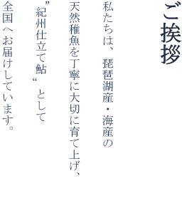 ご挨拶　私たちは、琵琶湖産・海産の 天然稚魚を丁寧に大切に育て上げ、 ”紀州仕立て鮎“として 全国へお届けしています。